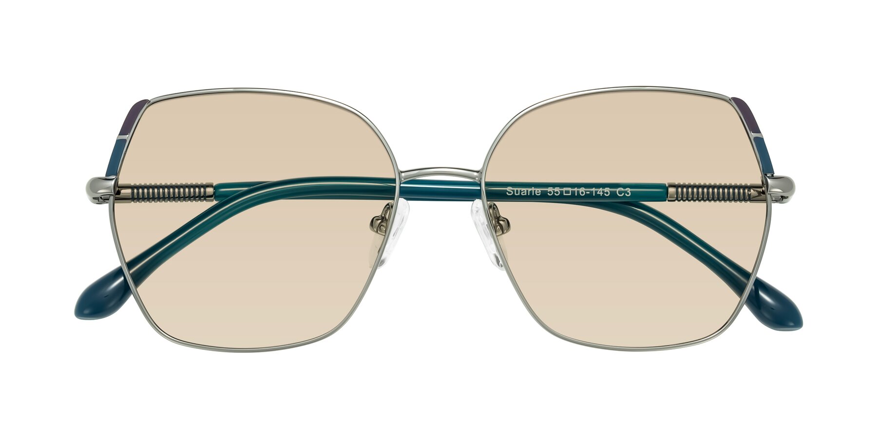 Folded Front of Suarie in Gunmetal/Teal with Light Brown Tinted Lenses