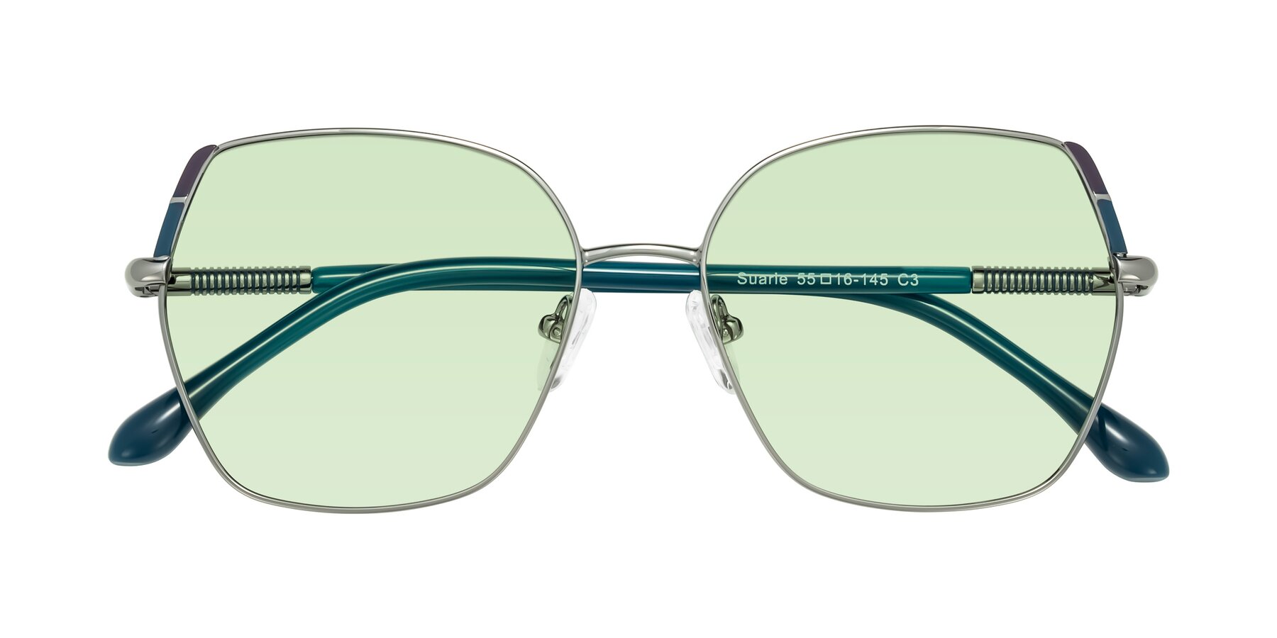 Folded Front of Suarie in Gunmetal/Teal with Light Green Tinted Lenses