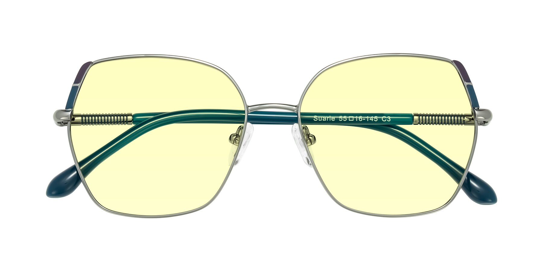 Folded Front of Suarie in Gunmetal/Teal with Light Yellow Tinted Lenses