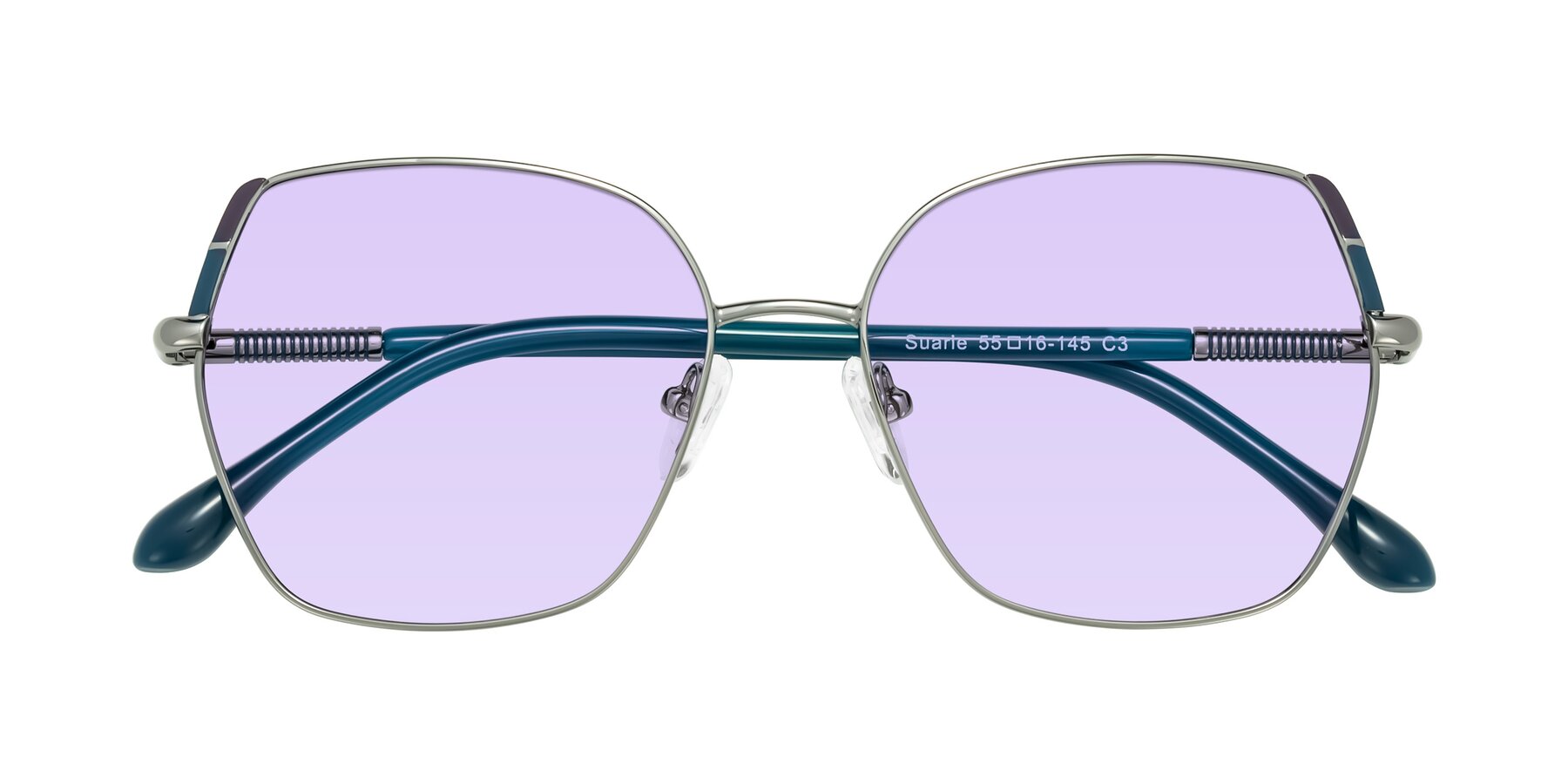 Folded Front of Suarie in Gunmetal/Teal with Light Purple Tinted Lenses