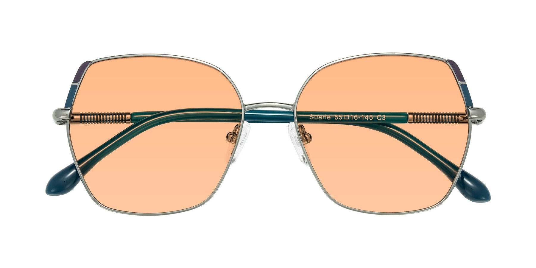 Folded Front of Suarie in Gunmetal/Teal with Light Orange Tinted Lenses