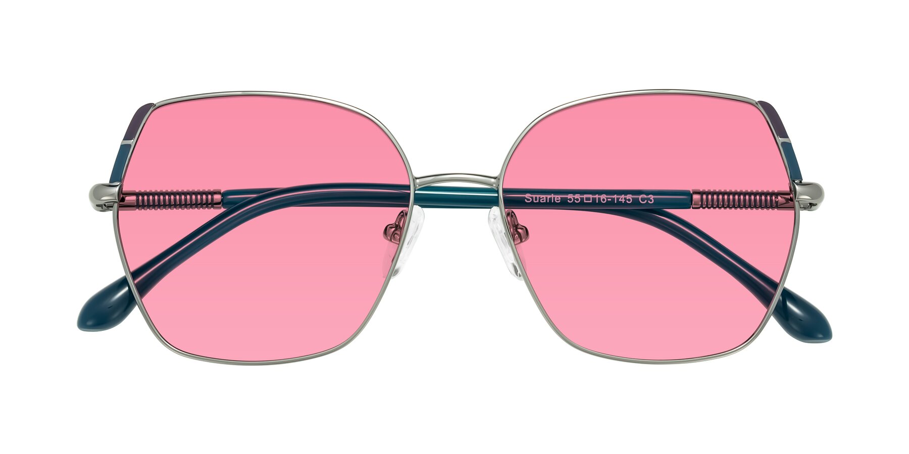 Folded Front of Suarie in Gunmetal/Teal with Pink Tinted Lenses