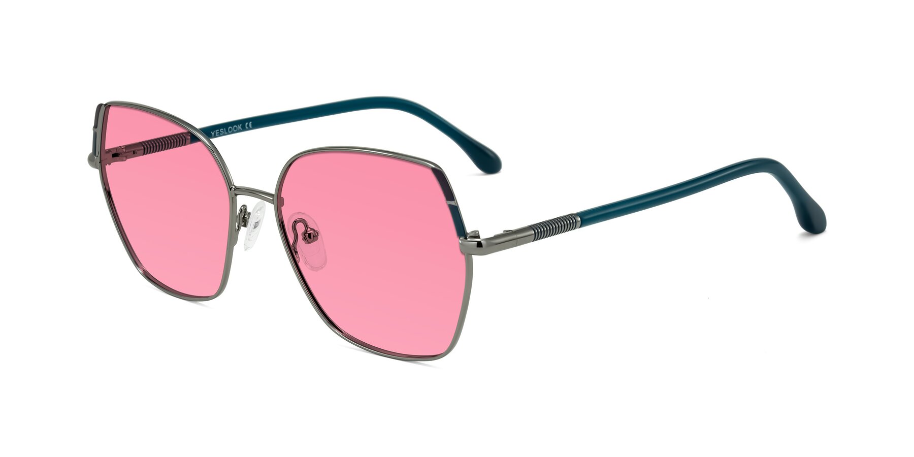 Angle of Suarie in Gunmetal/Teal with Pink Tinted Lenses