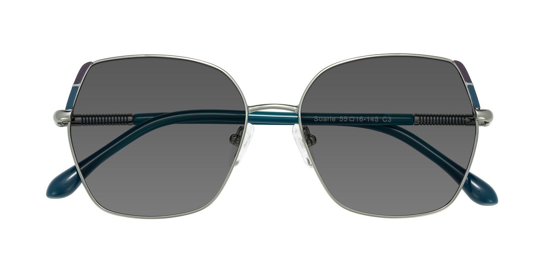 Folded Front of Suarie in Gunmetal/Teal with Medium Gray Tinted Lenses