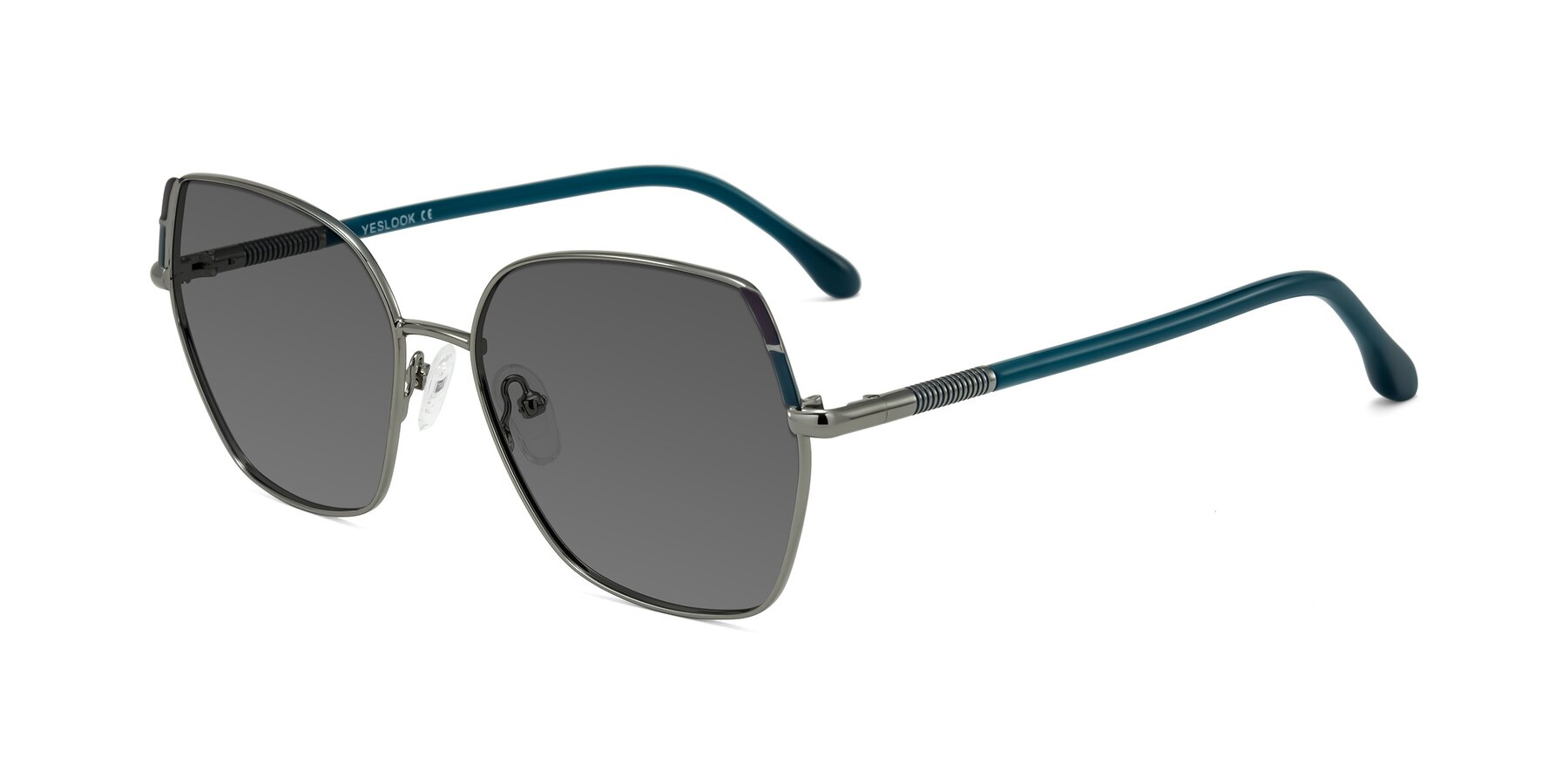 Angle of Suarie in Gunmetal/Teal with Medium Gray Tinted Lenses