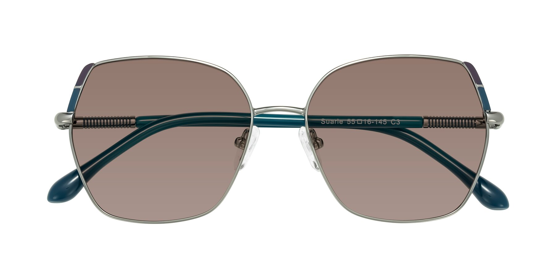 Folded Front of Suarie in Gunmetal/Teal with Medium Brown Tinted Lenses