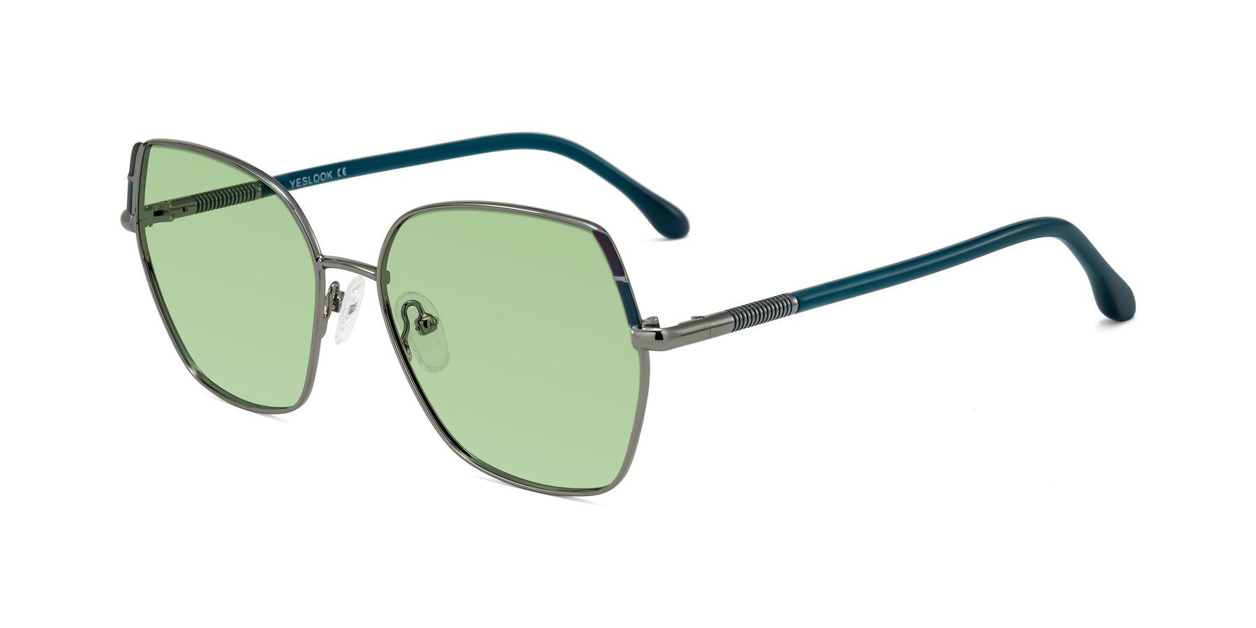 Angle of Suarie in Gunmetal/Teal with Medium Green Tinted Lenses