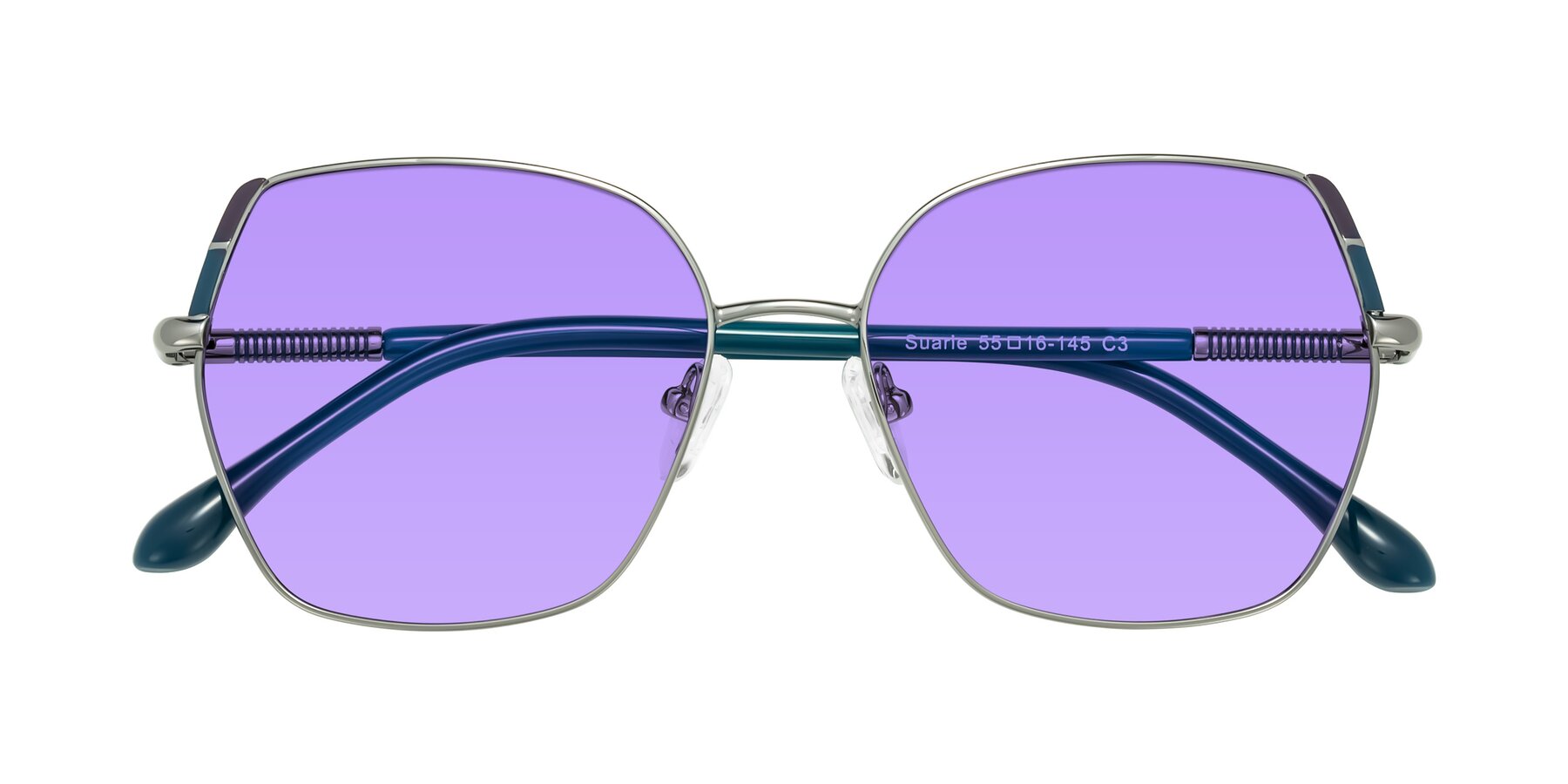 Folded Front of Suarie in Gunmetal/Teal with Medium Purple Tinted Lenses