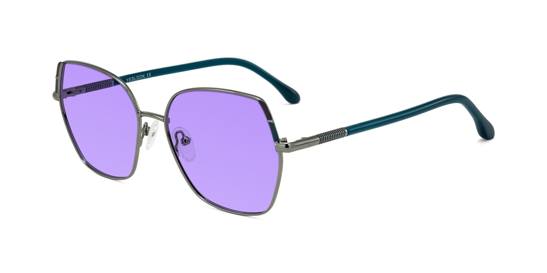 Angle of Suarie in Gunmetal/Teal with Medium Purple Tinted Lenses