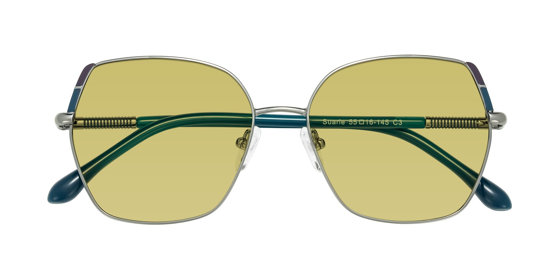 Folded Front of Suarie in Gunmetal/Teal with Medium Champagne Tinted Lenses