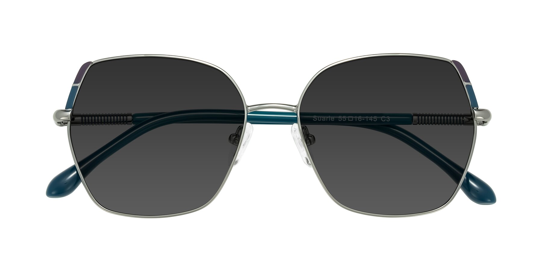 Folded Front of Suarie in Gunmetal/Teal with Gray Tinted Lenses