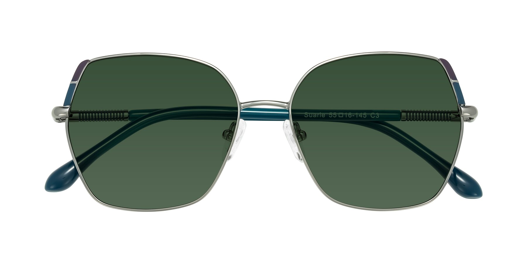 Folded Front of Suarie in Gunmetal/Teal with Green Tinted Lenses