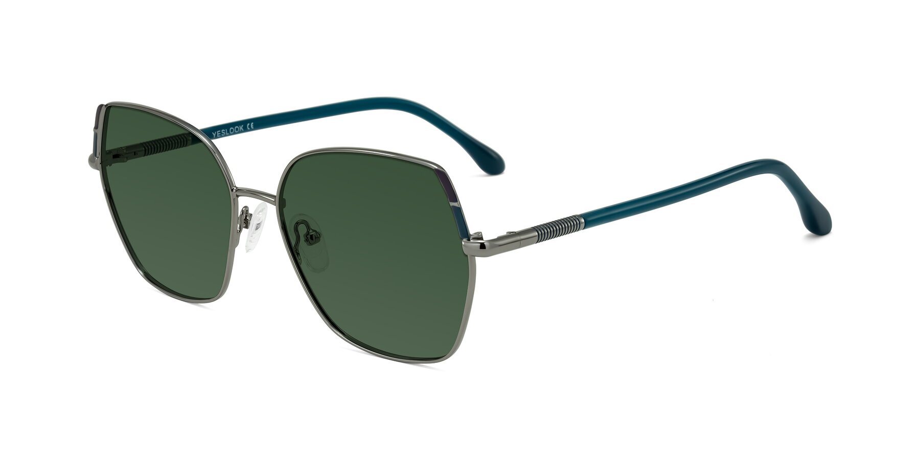 Angle of Suarie in Gunmetal/Teal with Green Tinted Lenses