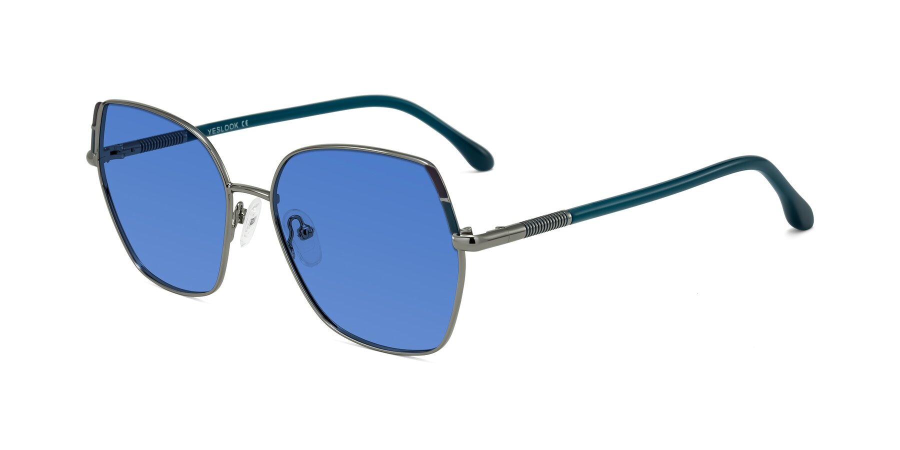 Angle of Suarie in Gunmetal/Teal with Blue Tinted Lenses