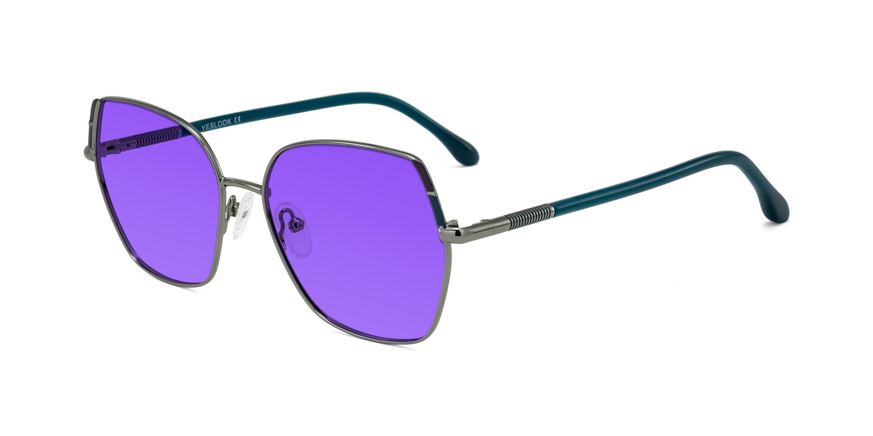 Angle of Suarie in Gunmetal/Teal with Purple Tinted Lenses