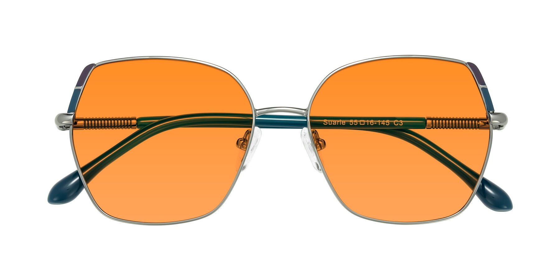 Folded Front of Suarie in Gunmetal/Teal with Orange Tinted Lenses