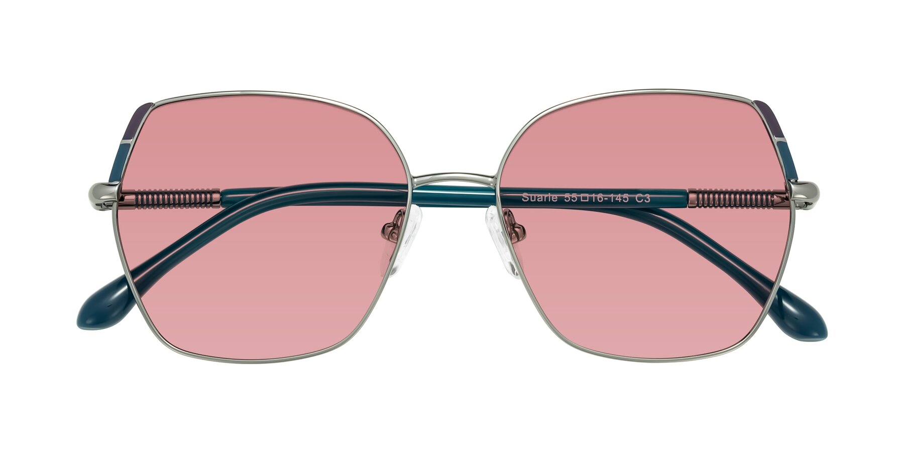 Folded Front of Suarie in Gunmetal/Teal with Medium Garnet Tinted Lenses