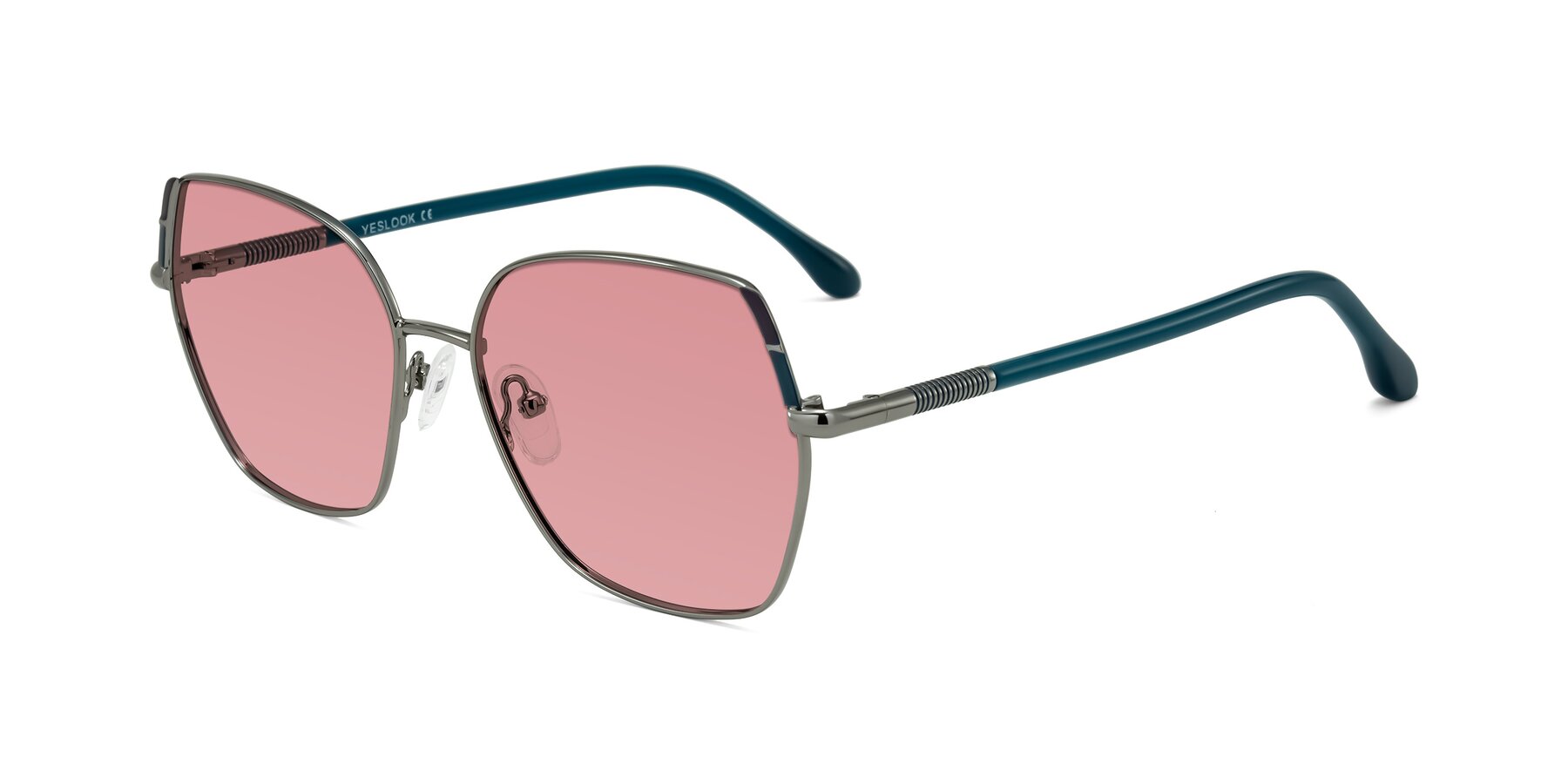 Angle of Suarie in Gunmetal/Teal with Medium Garnet Tinted Lenses
