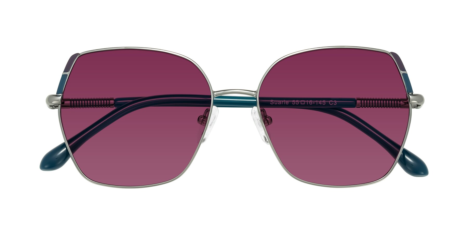 Folded Front of Suarie in Gunmetal/Teal with Wine Tinted Lenses