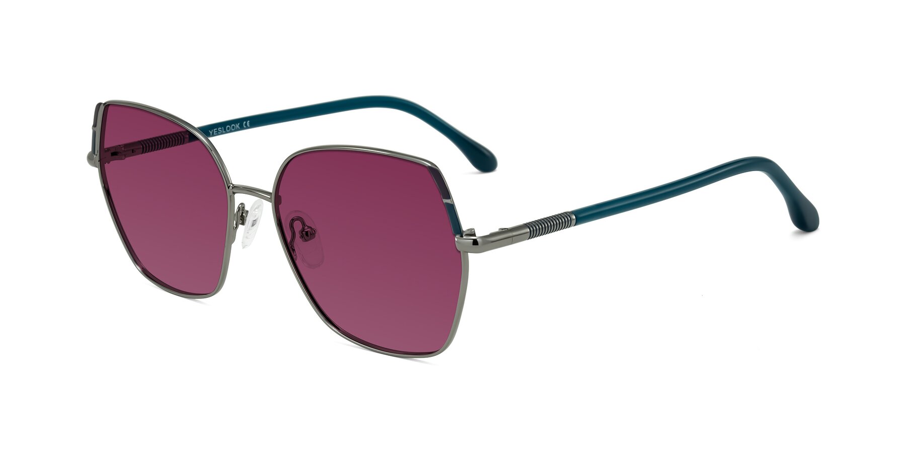 Angle of Suarie in Gunmetal/Teal with Wine Tinted Lenses
