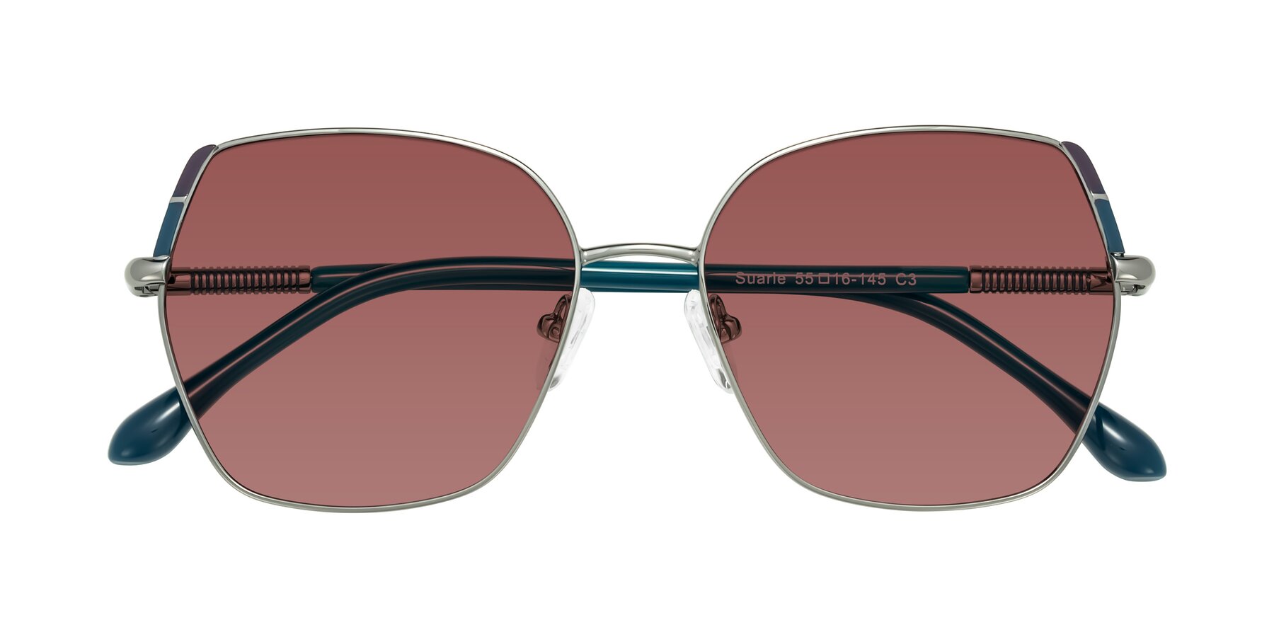 Folded Front of Suarie in Gunmetal/Teal with Garnet Tinted Lenses
