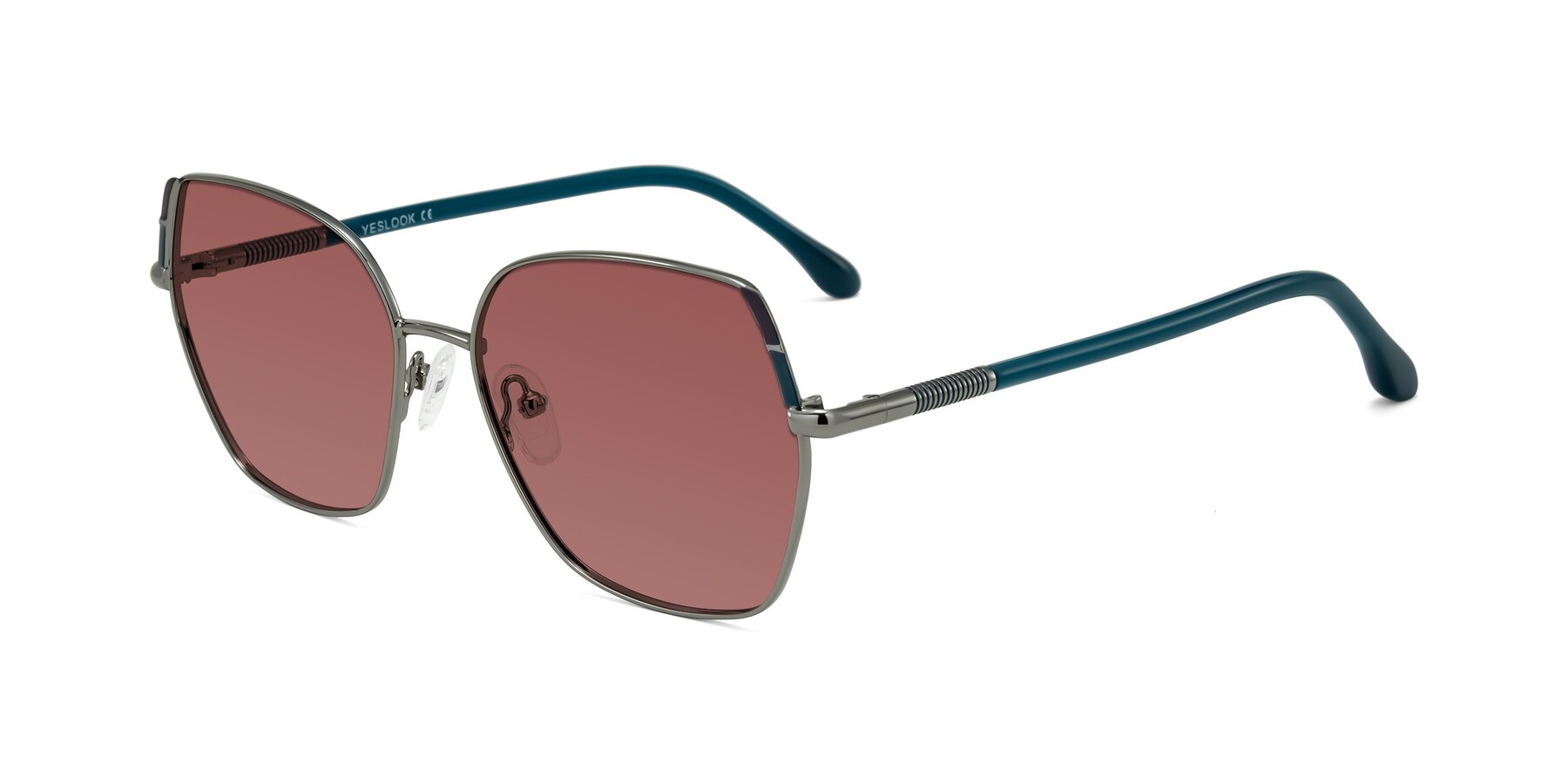 Angle of Suarie in Gunmetal/Teal with Garnet Tinted Lenses