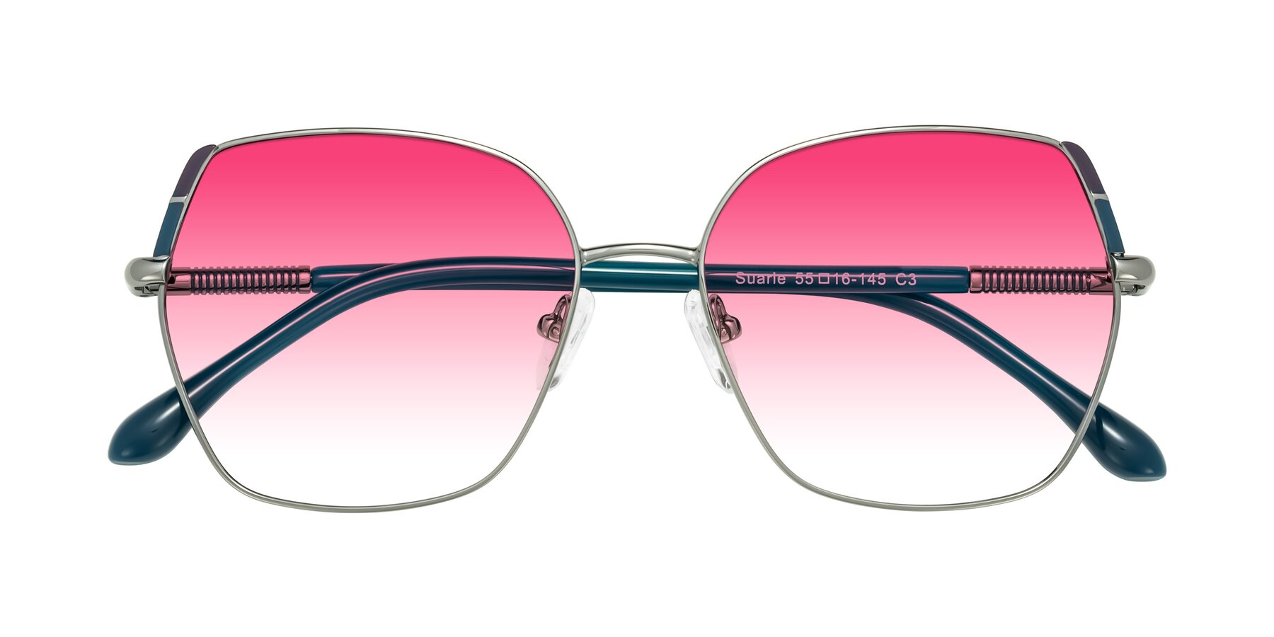 Folded Front of Suarie in Gunmetal/Teal with Pink Gradient Lenses
