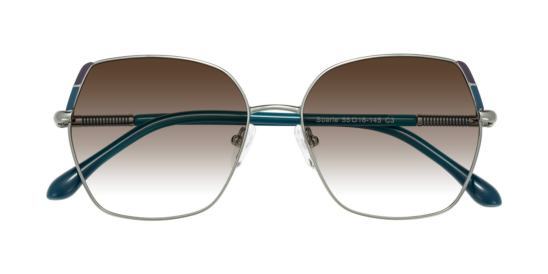 Folded Front of Suarie in Gunmetal/Teal with Brown Gradient Lenses