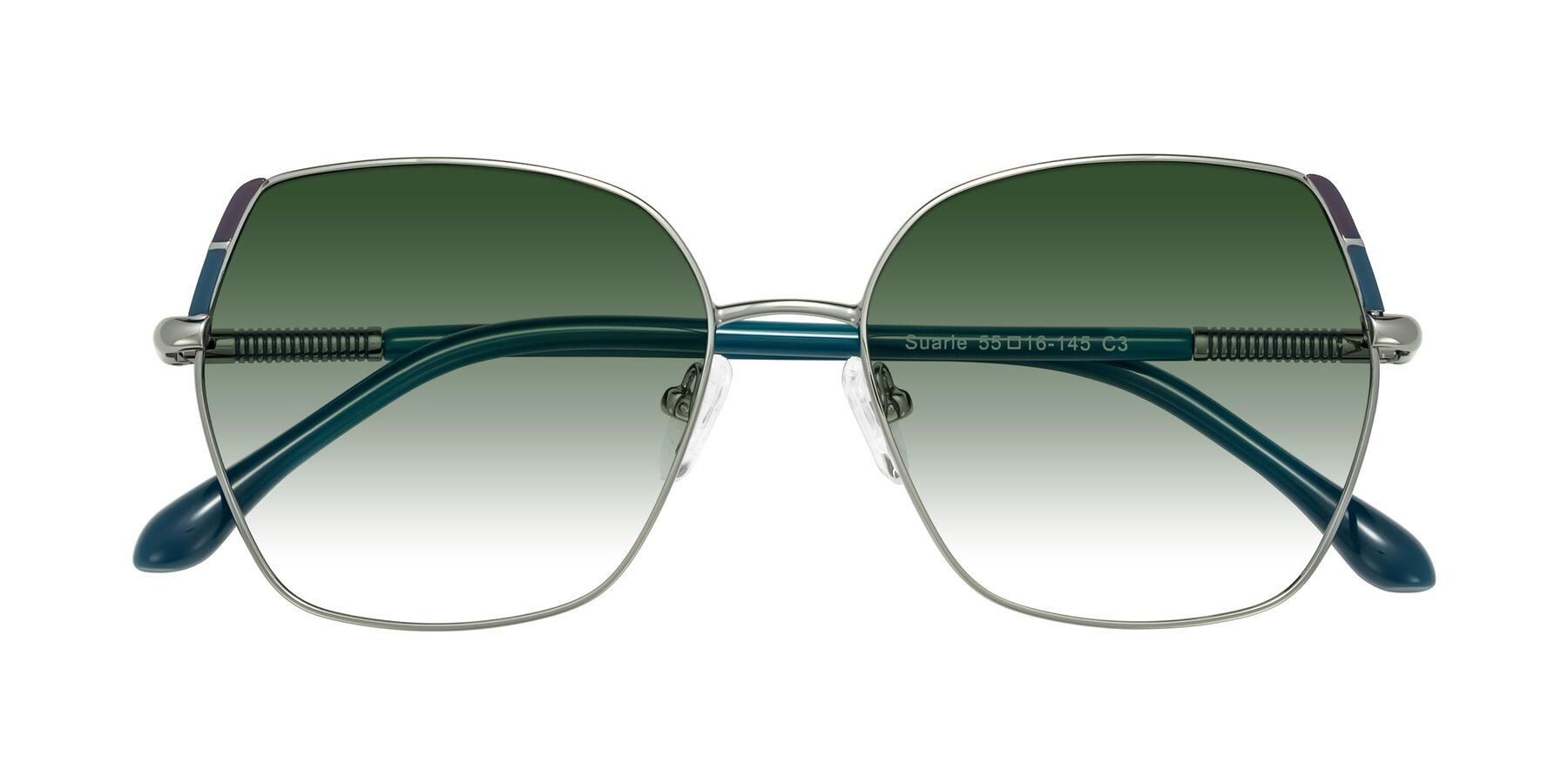 Folded Front of Suarie in Gunmetal/Teal with Green Gradient Lenses