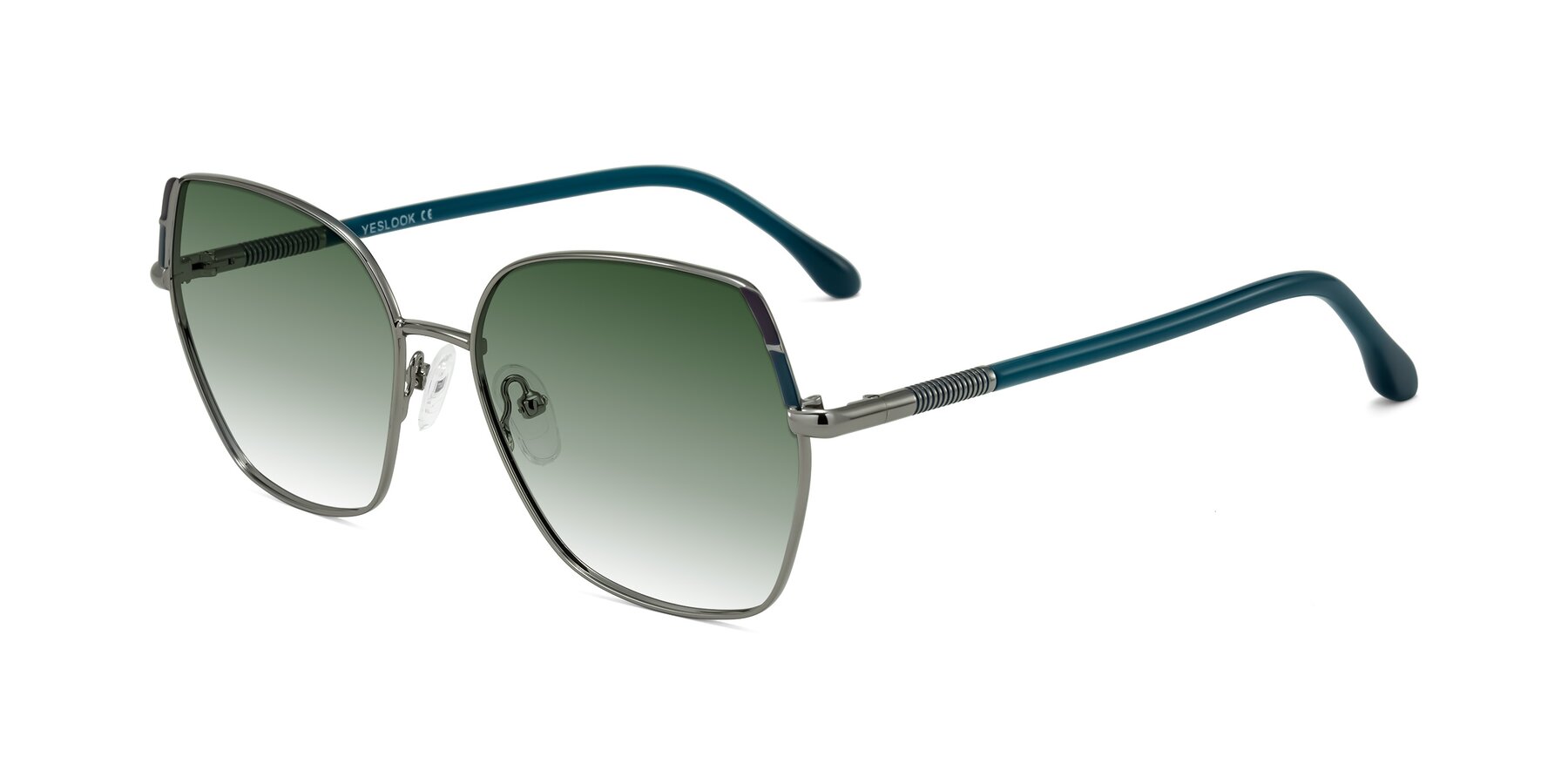 Angle of Suarie in Gunmetal/Teal with Green Gradient Lenses