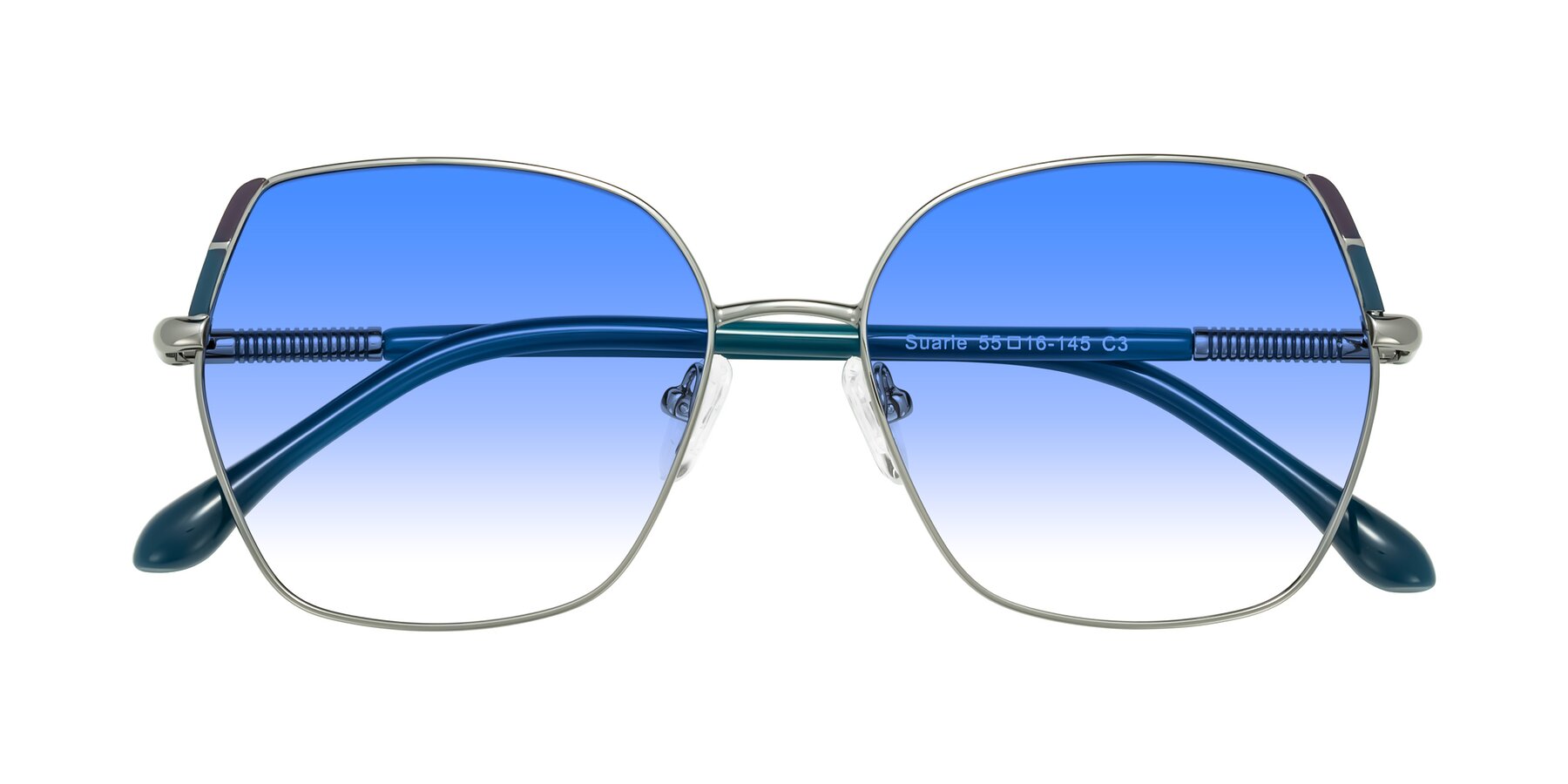 Folded Front of Suarie in Gunmetal/Teal with Blue Gradient Lenses