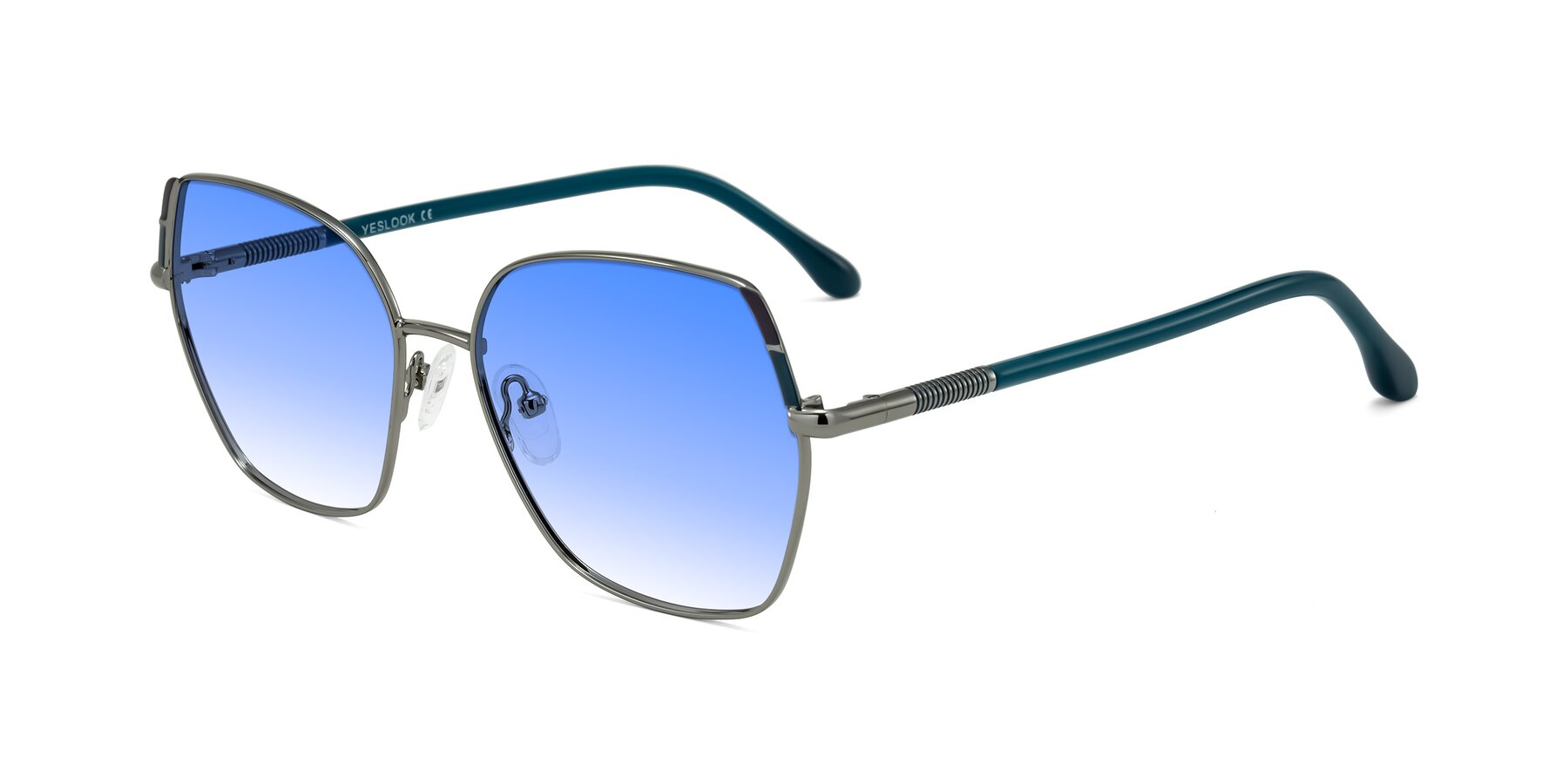 Angle of Suarie in Gunmetal/Teal with Blue Gradient Lenses