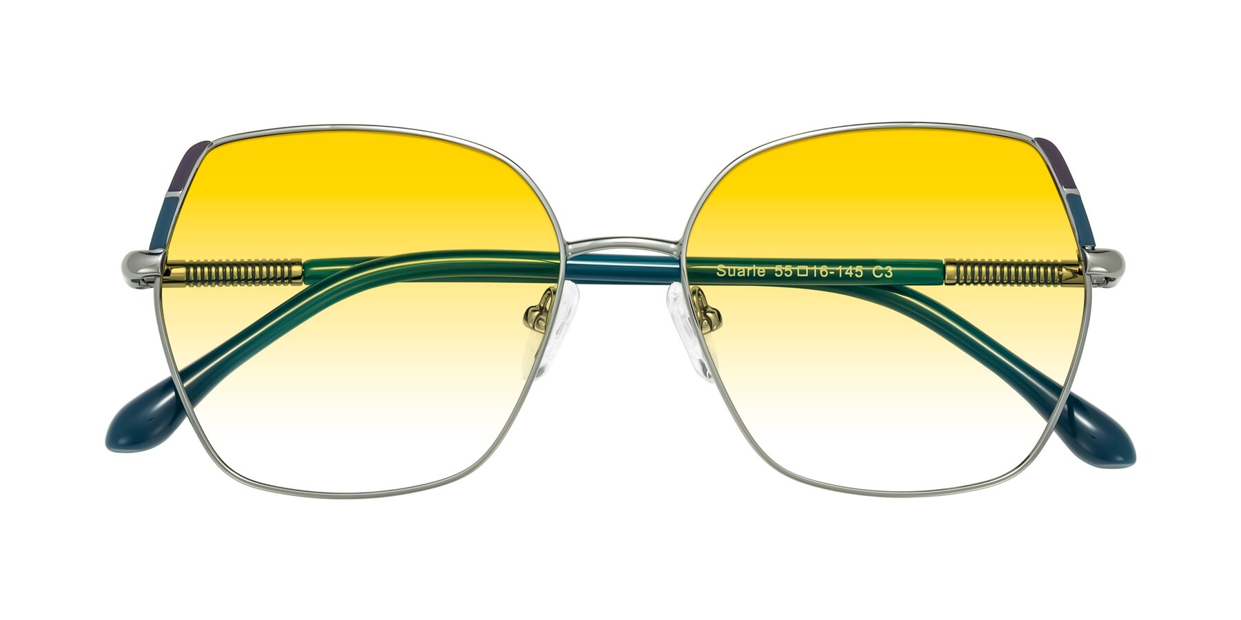 Folded Front of Suarie in Gunmetal/Teal with Yellow Gradient Lenses