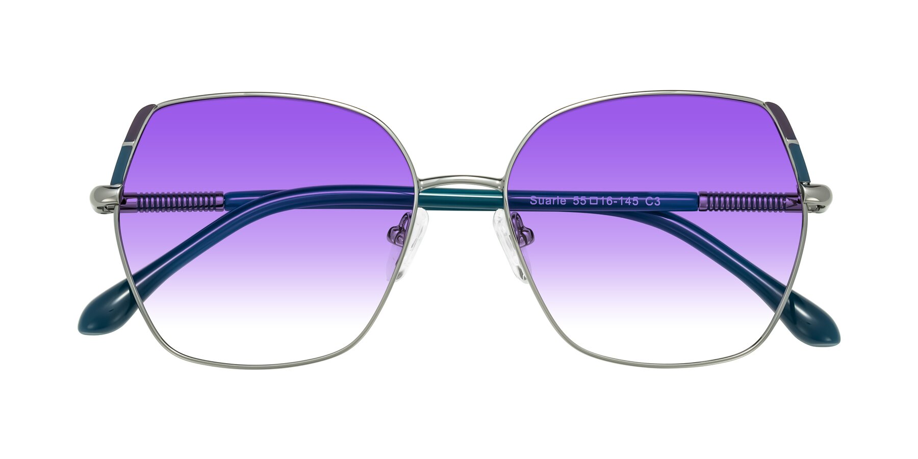 Folded Front of Suarie in Gunmetal/Teal with Purple Gradient Lenses