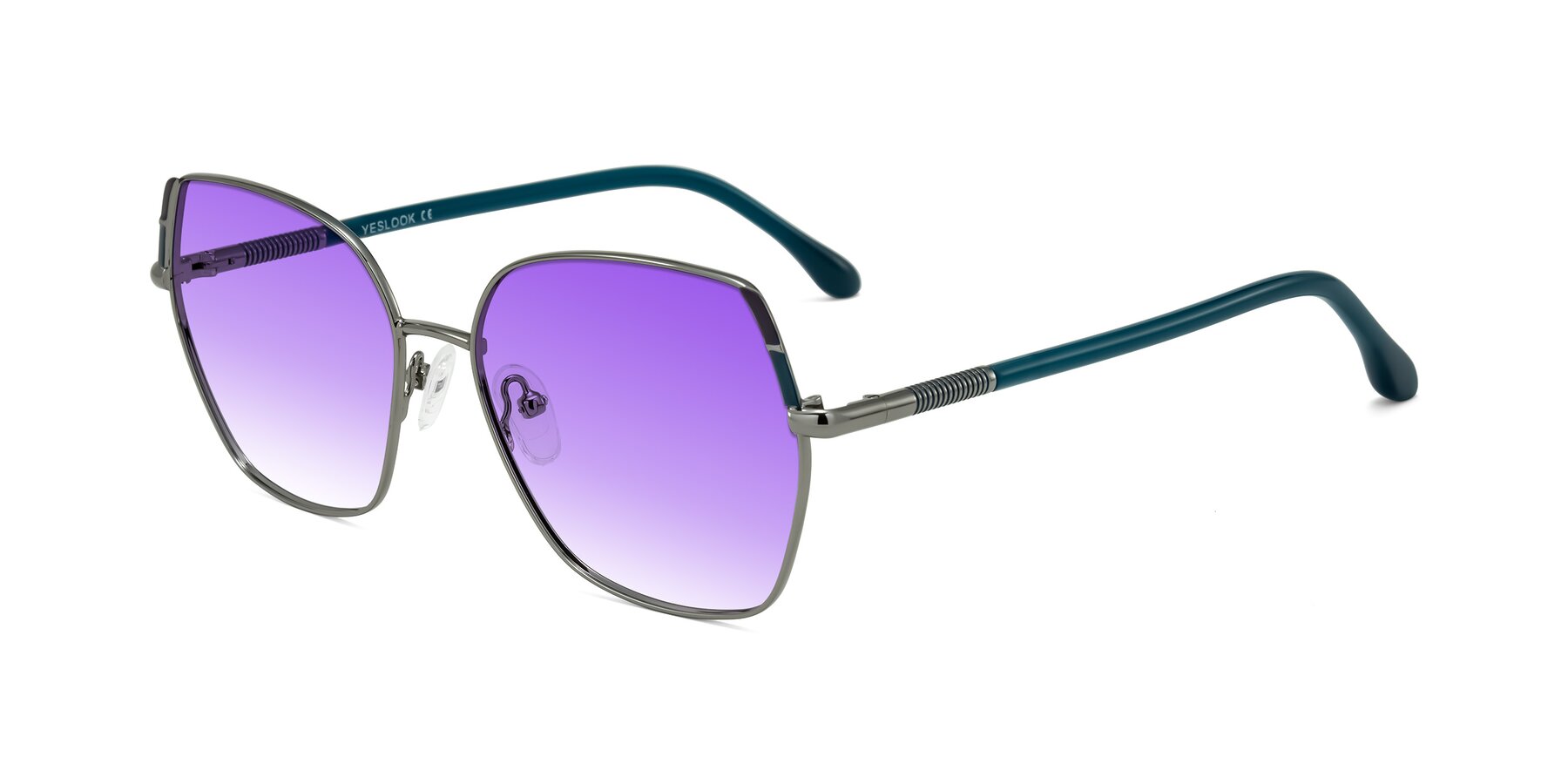 Angle of Suarie in Gunmetal/Teal with Purple Gradient Lenses
