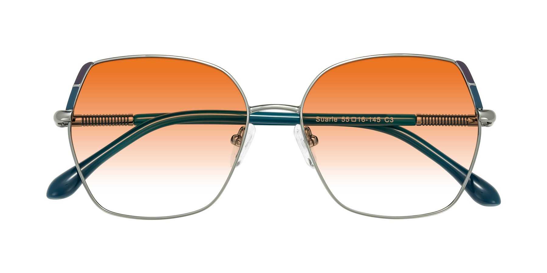 Folded Front of Suarie in Gunmetal/Teal with Orange Gradient Lenses