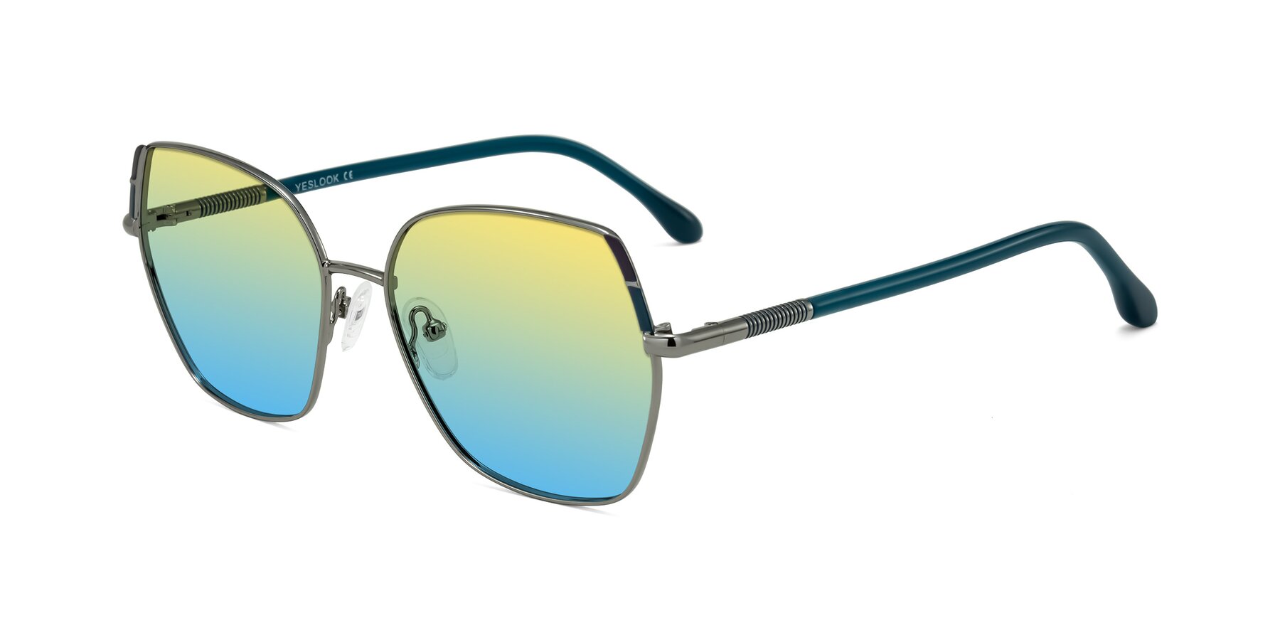 Angle of Suarie in Gunmetal/Teal with Yellow / Blue Gradient Lenses