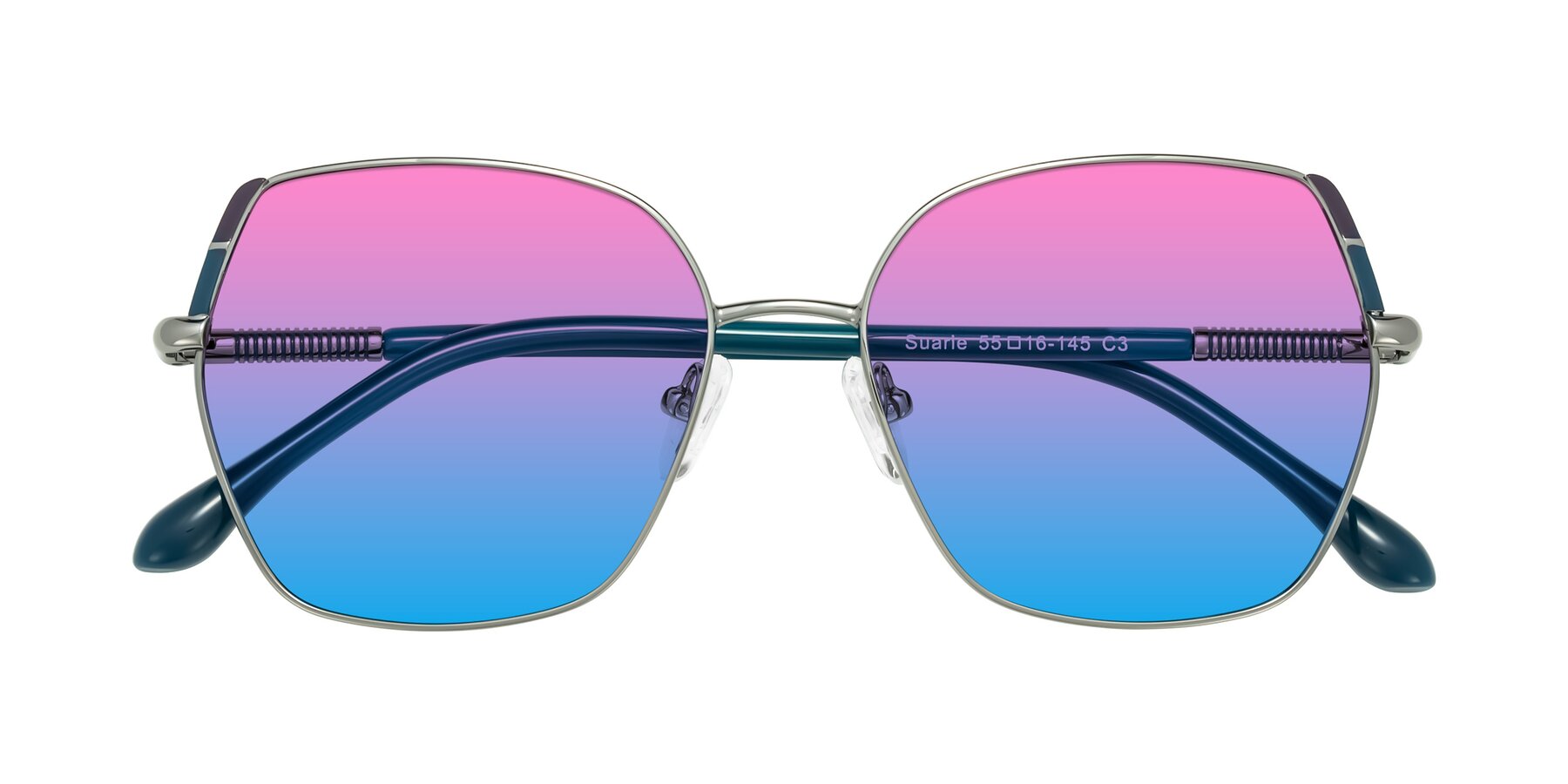 Folded Front of Suarie in Gunmetal/Teal with Pink / Blue Gradient Lenses