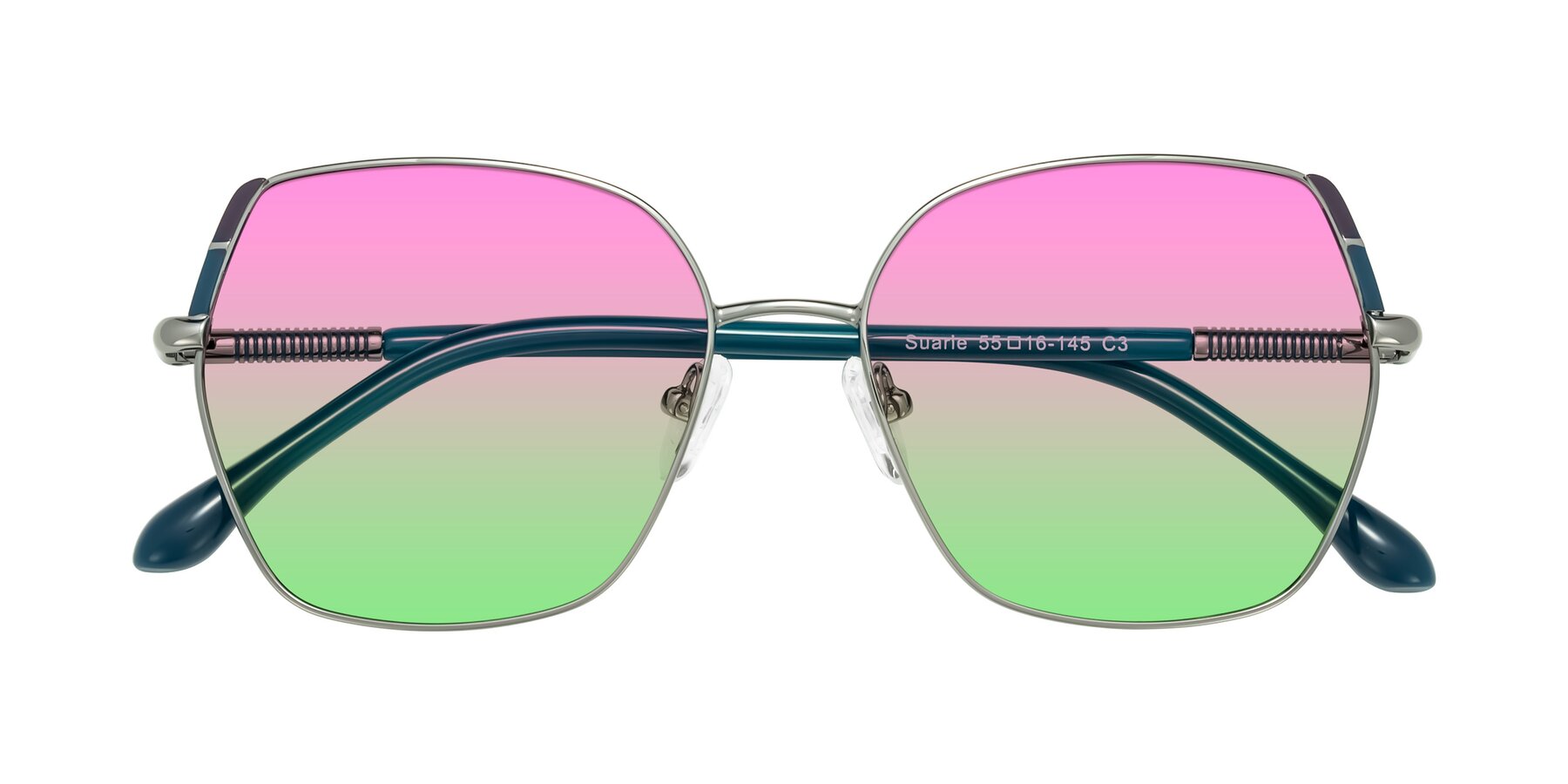 Folded Front of Suarie in Gunmetal/Teal with Pink / Green Gradient Lenses