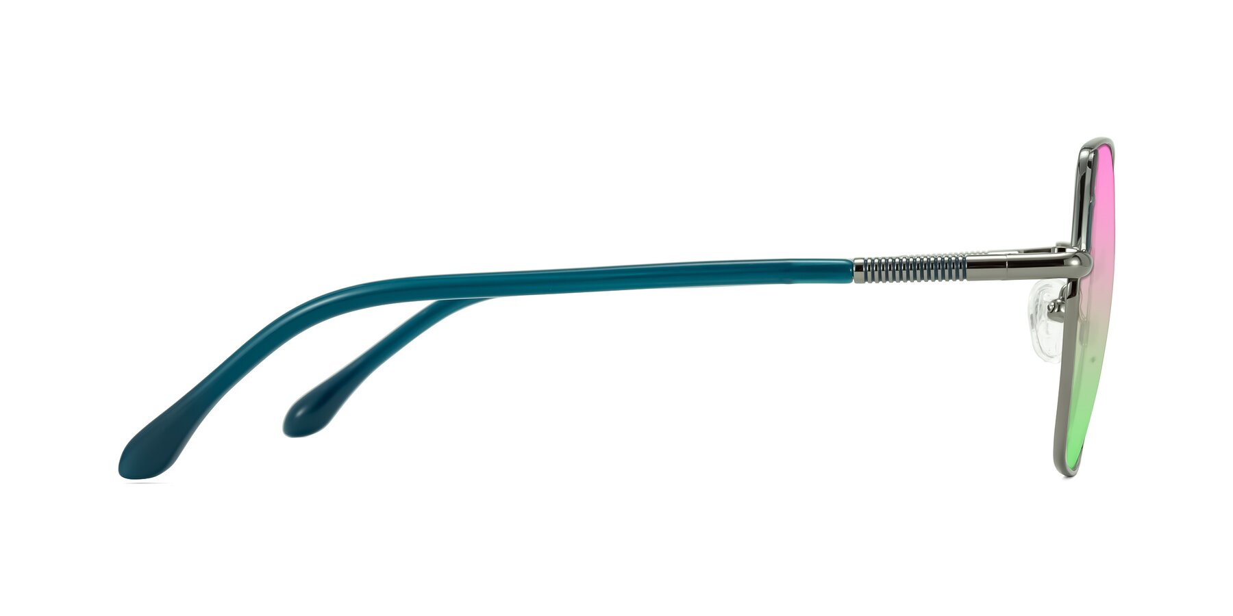 Side of Suarie in Gunmetal/Teal with Pink / Green Gradient Lenses