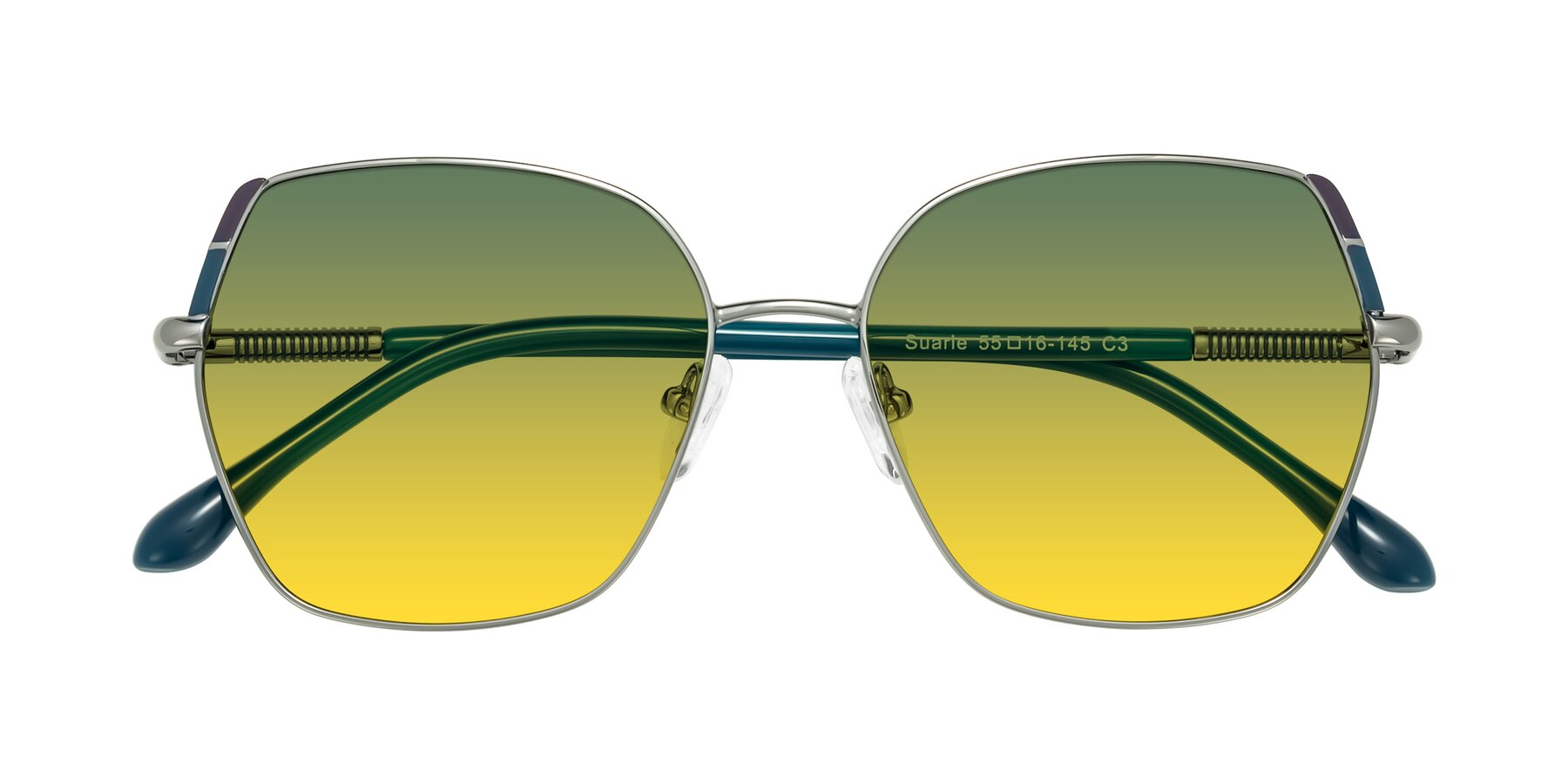 Folded Front of Suarie in Gunmetal/Teal with Green / Yellow Gradient Lenses