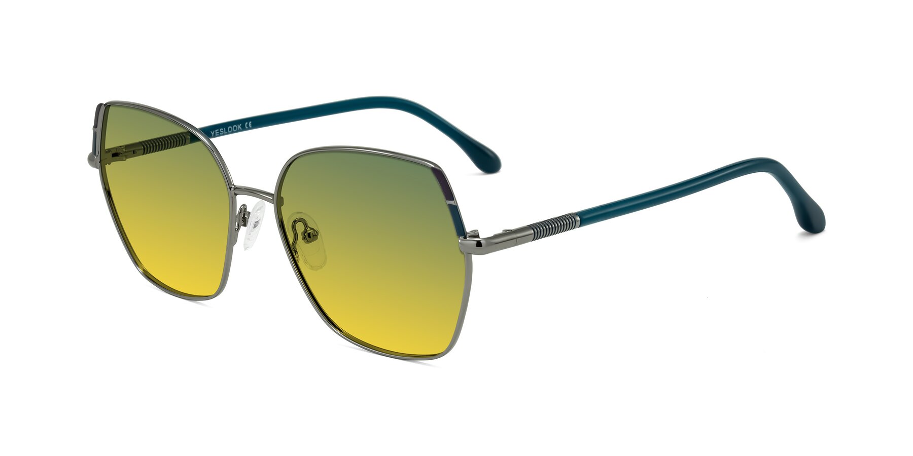 Angle of Suarie in Gunmetal/Teal with Green / Yellow Gradient Lenses