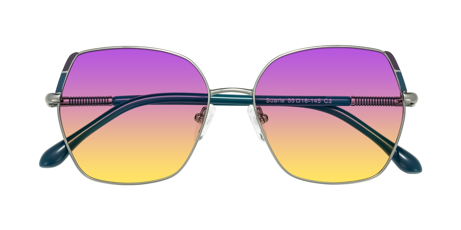 Folded Front of Suarie in Gunmetal/Teal with Purple / Yellow Gradient Lenses