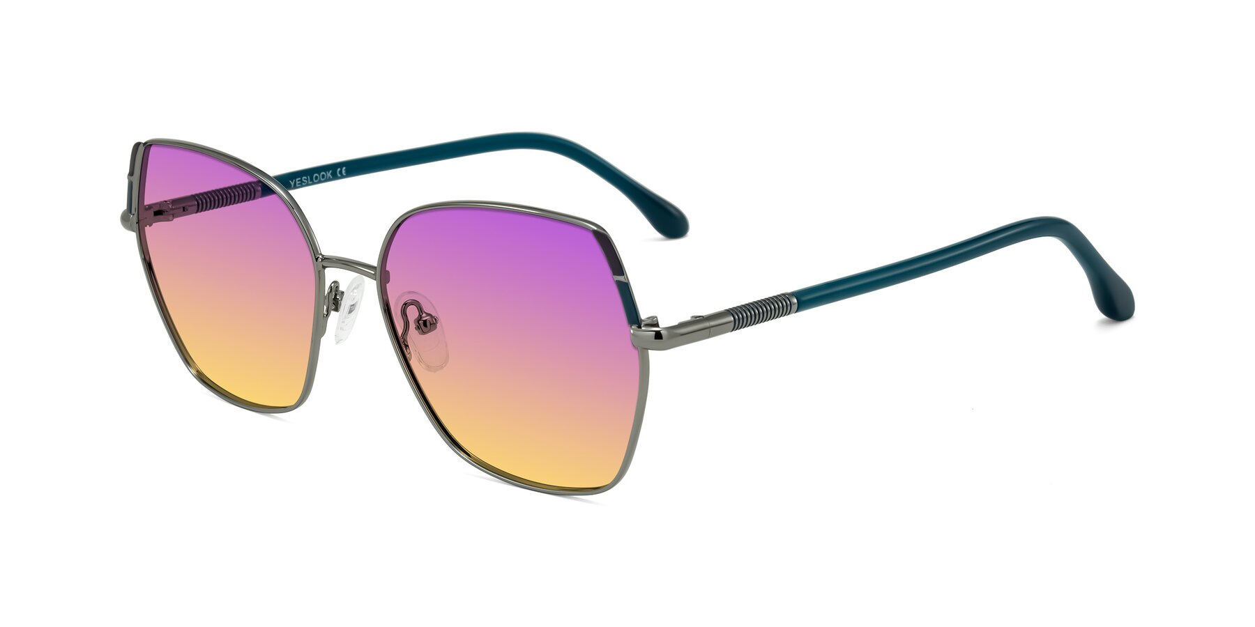 Angle of Suarie in Gunmetal/Teal with Purple / Yellow Gradient Lenses