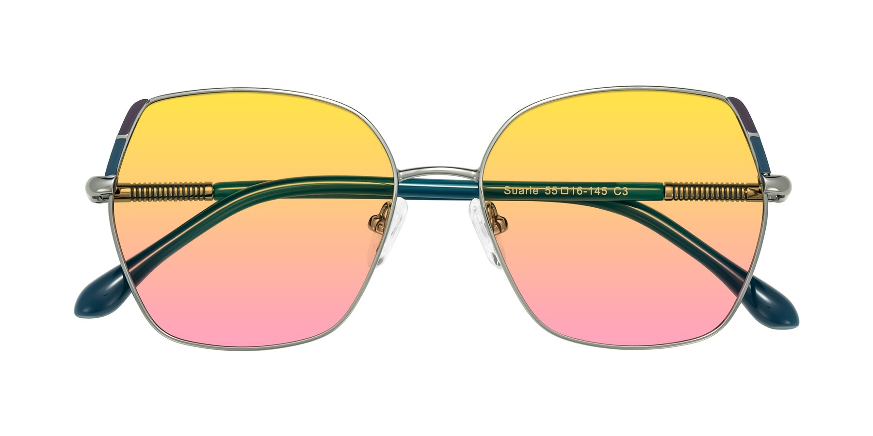 Folded Front of Suarie in Gunmetal/Teal with Yellow / Pink Gradient Lenses