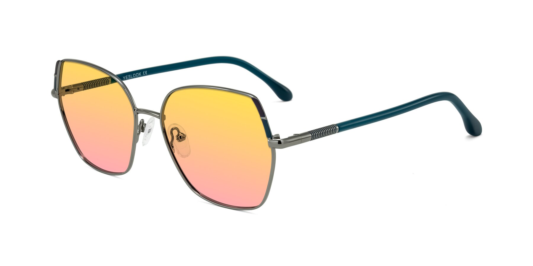 Angle of Suarie in Gunmetal/Teal with Yellow / Pink Gradient Lenses