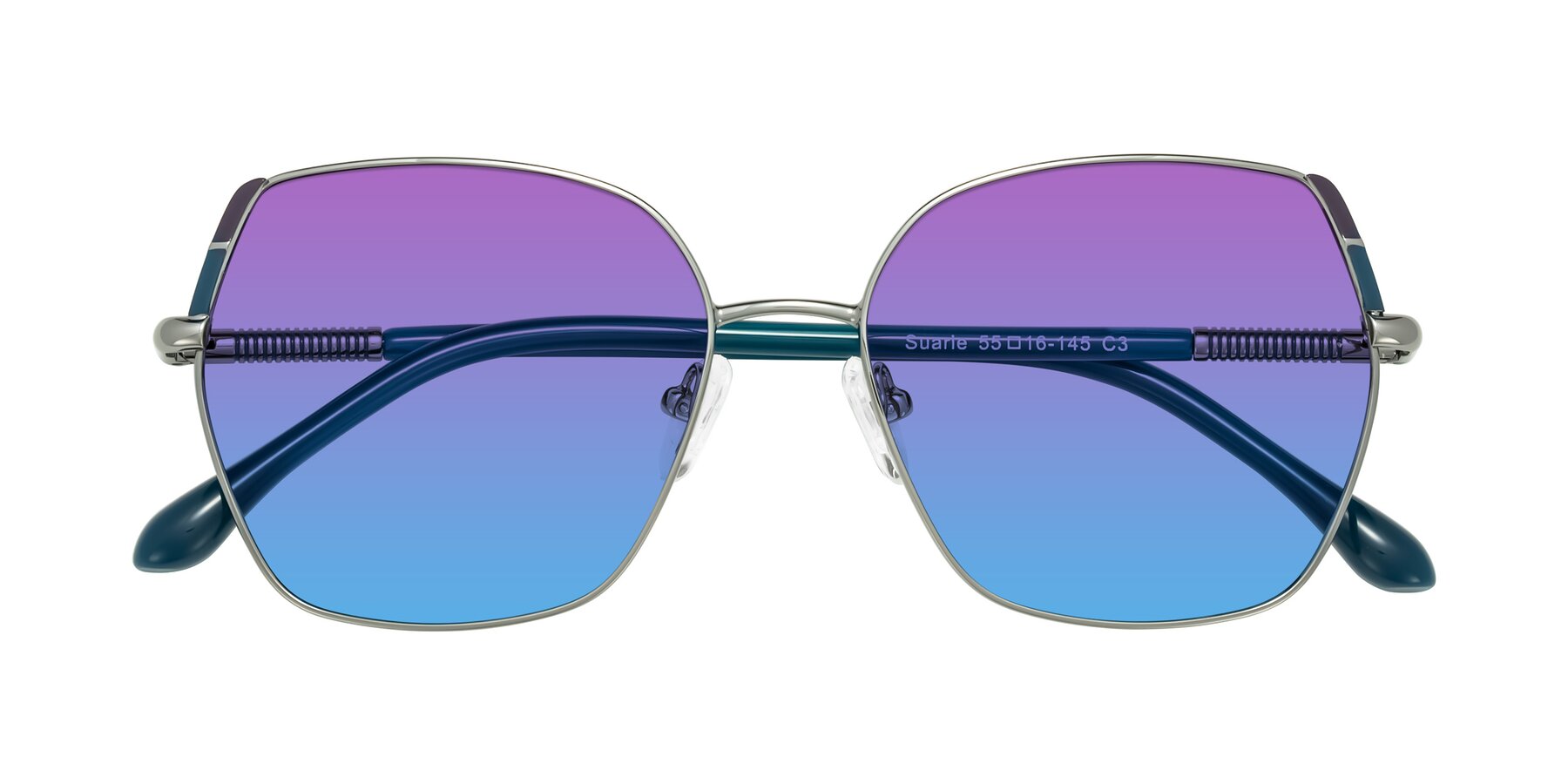 Folded Front of Suarie in Gunmetal/Teal with Purple / Blue Gradient Lenses