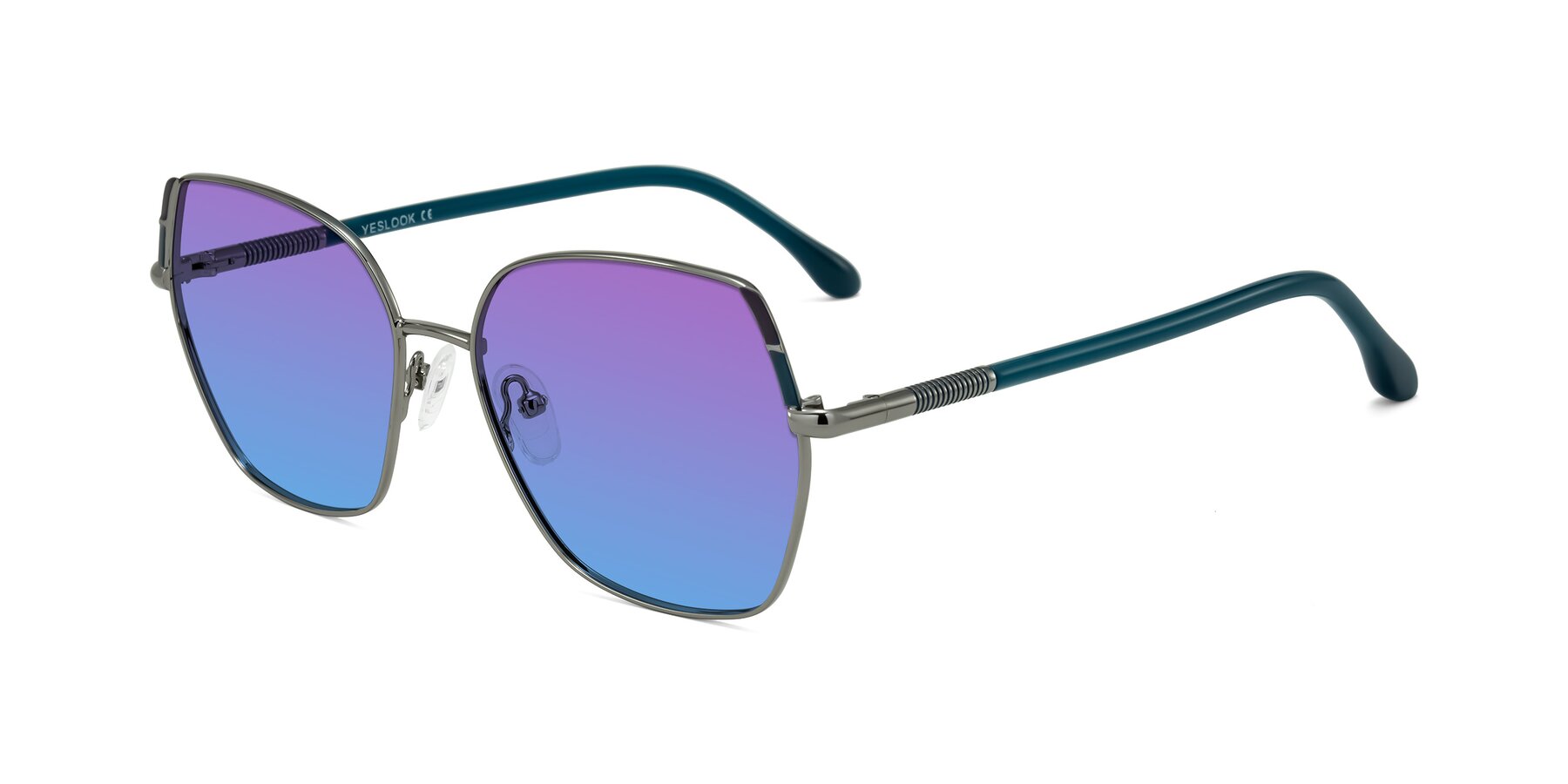 Angle of Suarie in Gunmetal/Teal with Purple / Blue Gradient Lenses