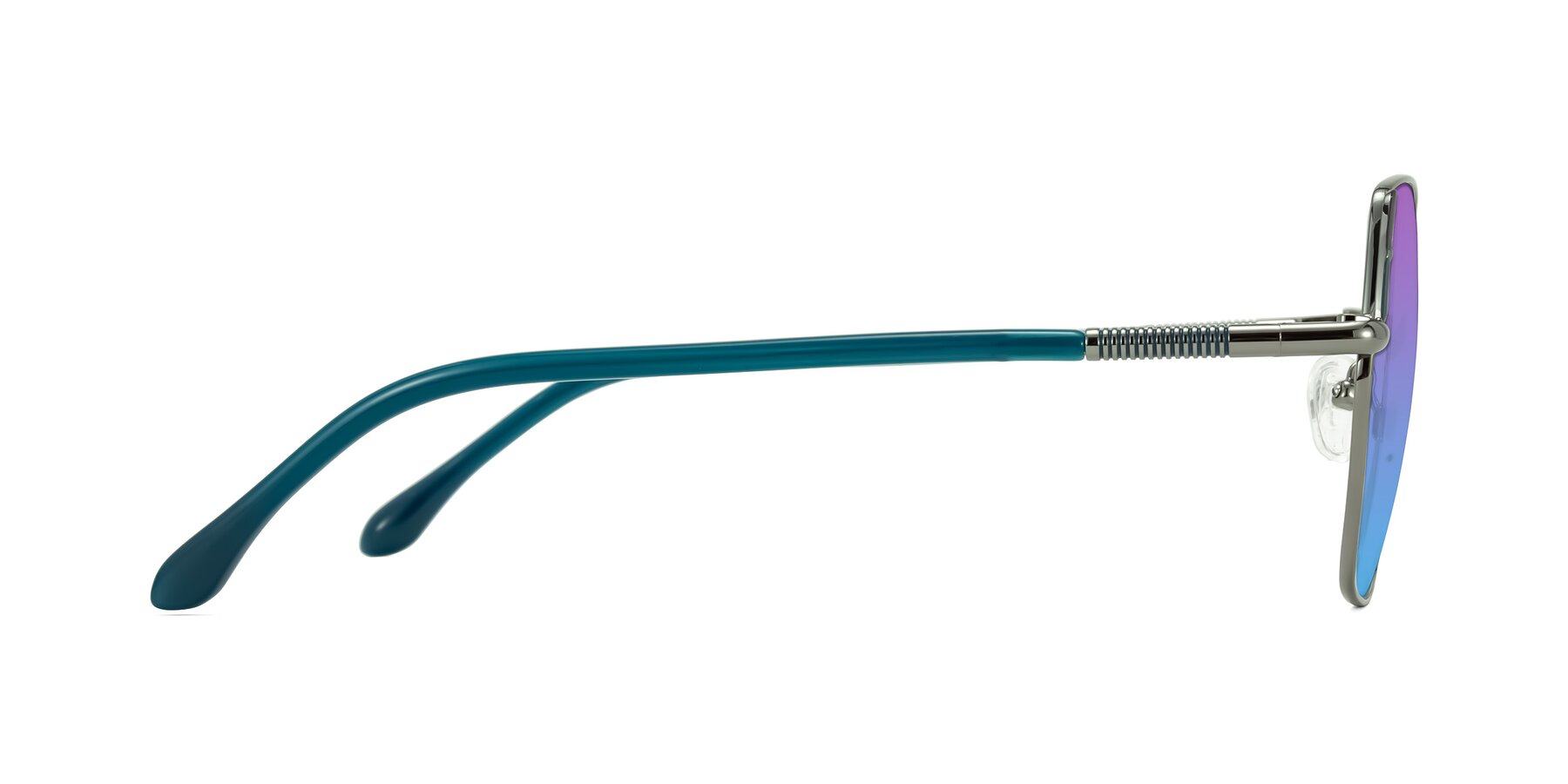 Side of Suarie in Gunmetal/Teal with Purple / Blue Gradient Lenses