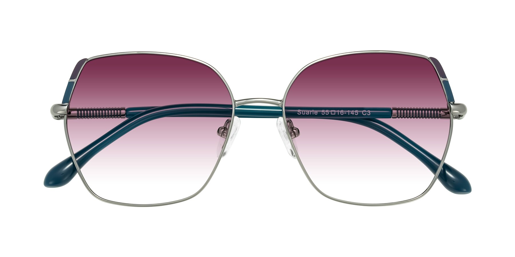 Folded Front of Suarie in Gunmetal/Teal with Wine Gradient Lenses